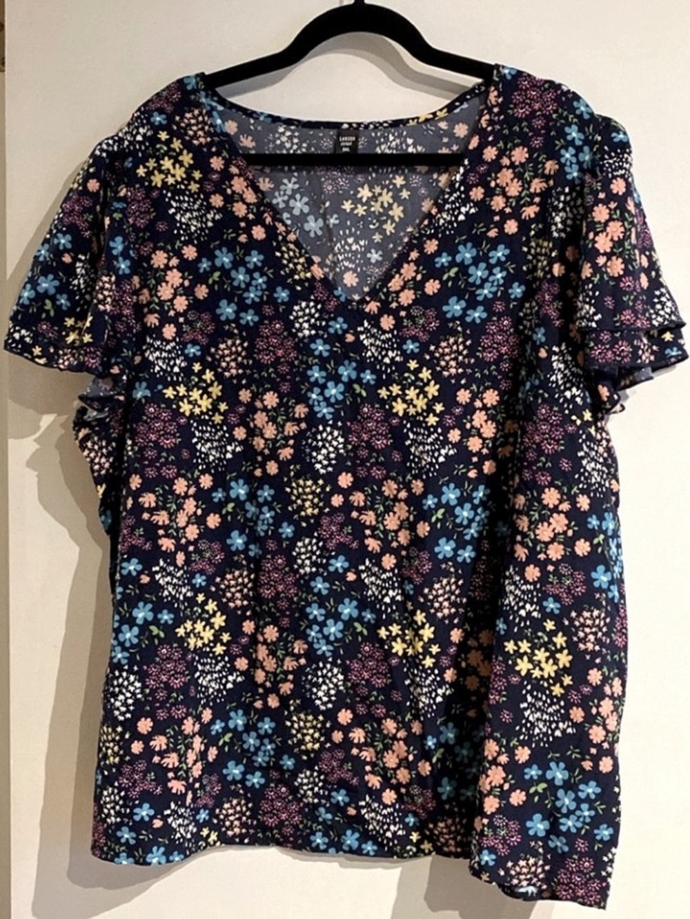 🆕 Black Pink Floral Top Blouse w/ Double Flounce Angel Sleeve! NEW! Plus 3X